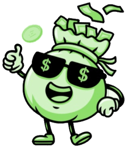 Yael mascot: a money bag with dollar-sign sunglasses giving a thumbs up